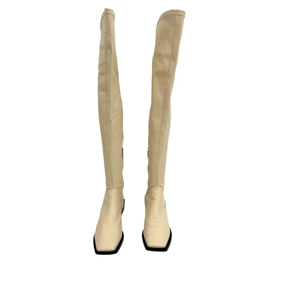 Schutz Guily Up Over The Knee Boots Eggshell Cream Leather‎ Square Toe Women 7.5
